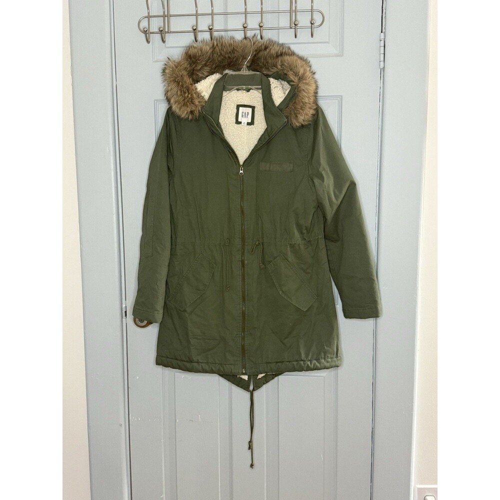 GAP Jacket Womens M Green Sherpa Lined Fishtail Parka Faux Fur Hood Drawstring